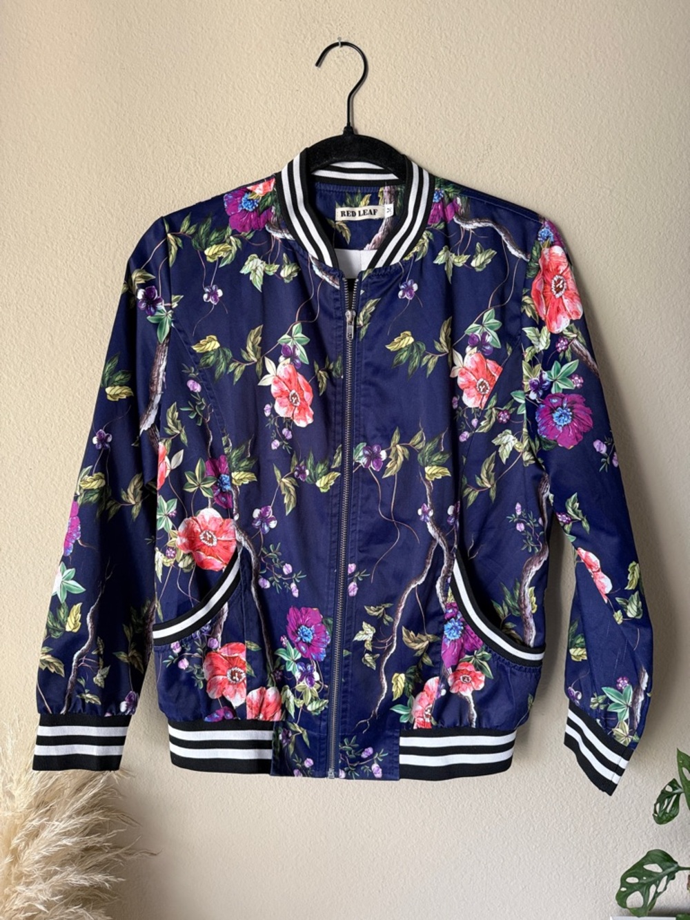Red Leaf Dark Blue Floral Bomber Jacket Zip Up
